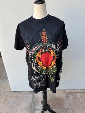 CHRISTIAN AUDIGIER Graphic Black Tee with Red Heart Dagger Design Large NWOT